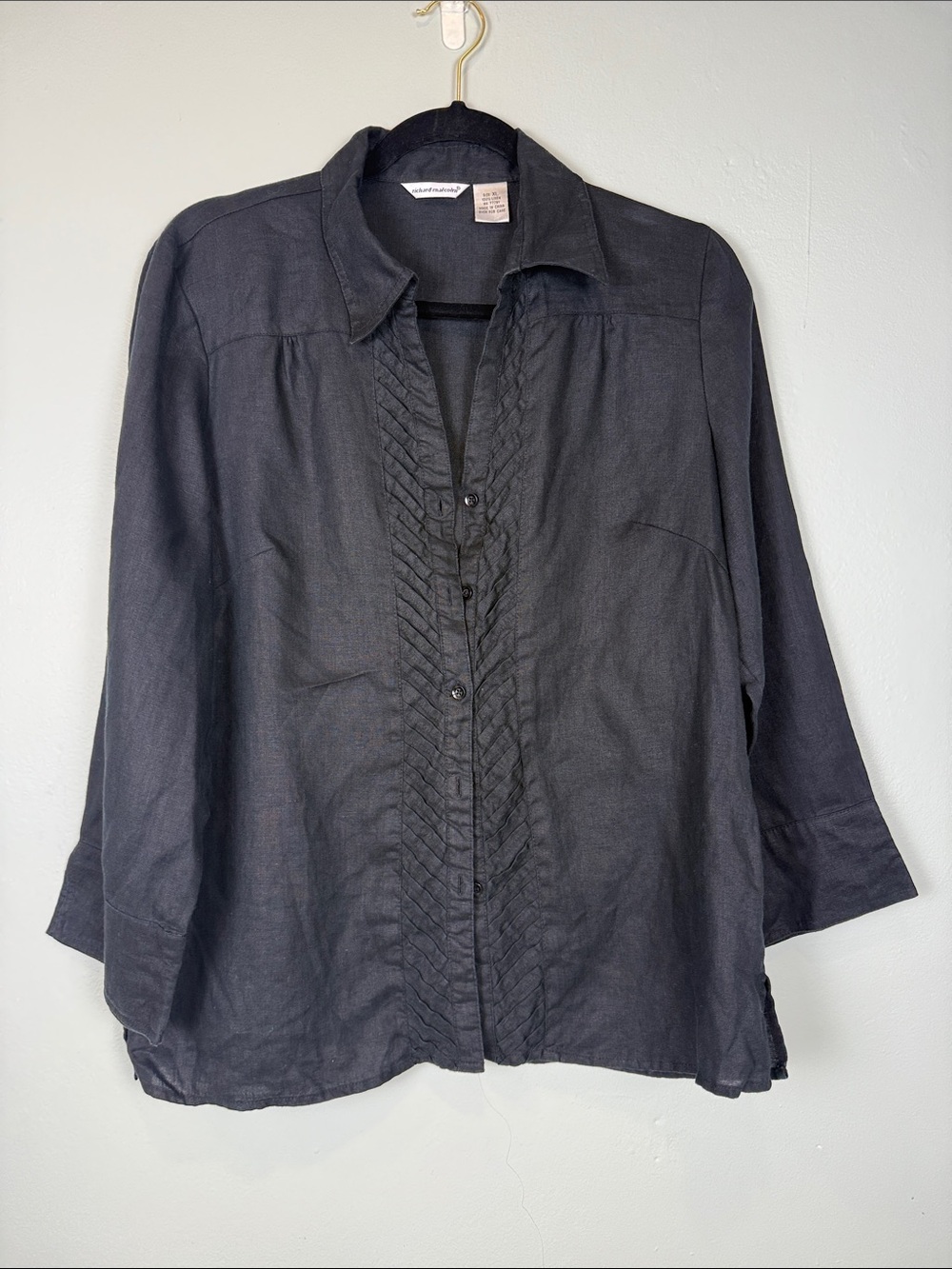Richard Malcolm 100% Linen Ruffle Tuxedo Pleated Blouse Shirt Black XL EUC